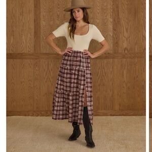 Rylee + Cru Cream Top and Burgundy  Plaid Skirt
